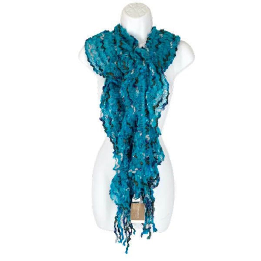 Francescas NEW Fringed Scarf Blue Space Dye Boucle Texture Neck Warmer NWT - Picture 2 of 7